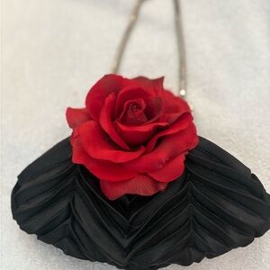 Chic Black Clutch with Red Rose Detail